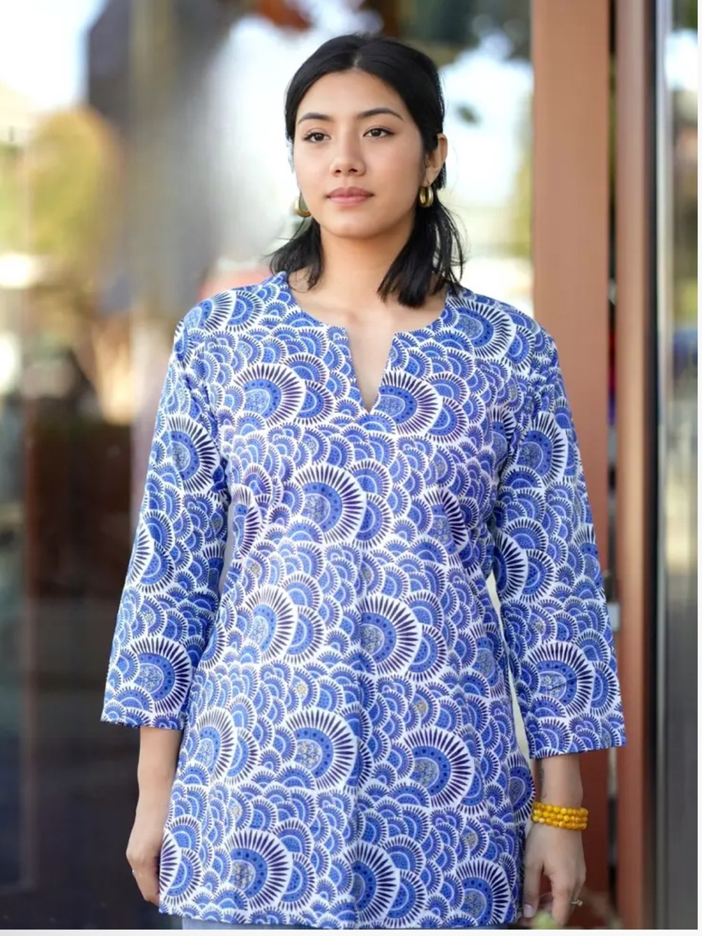 Anthropologie Dolma Alisha Cotton Kurta Tunic Blue and White XL